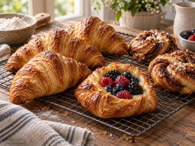 SIMULATION: A pastry counter of flaky croissants, berry danishes and soft cinnamon knots.