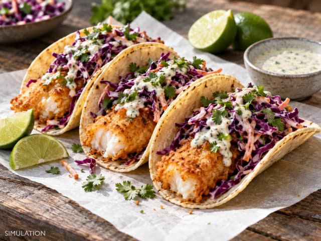 SIMULATION: Crisp fish tacos with cabbage slaw, lime and a creamy herb sauce.