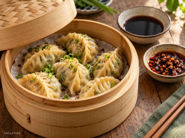 SIMULATION: Pleated vegetable dumplings with savory cabbage filling, soy dipping sauce and chili crisp.
