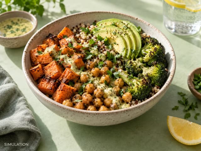 SIMULATION: Colorful grain bowls with roasted sweet potato, chickpeas, broccoli, avocado and herb dressing.