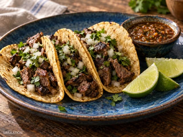 SIMULATION: Corn tortilla tacos filled with seared beef, onion and cilantro, with lime and salsa on the side.