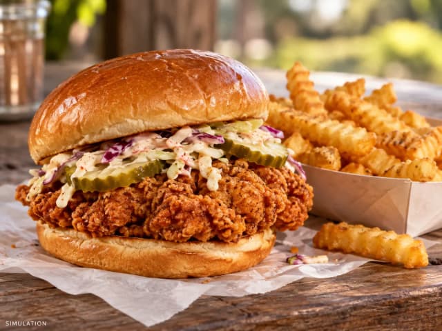 SIMULATION: Crispy chicken sandwiches with slaw, pickles and crinkle-cut fries.