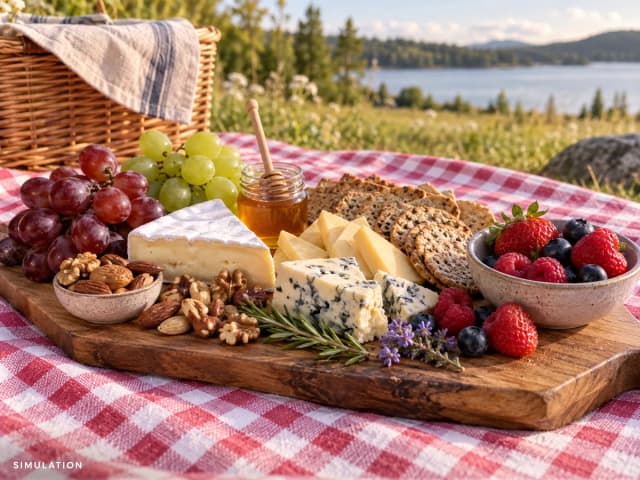 SIMULATION: Picnic boards with cheeses, fresh fruit, crackers, nuts and a small pot of honey.
