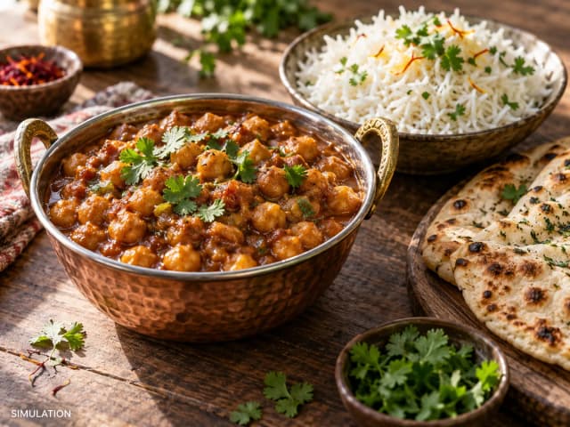 SIMULATION: Chickpea curry with fragrant basmati rice and warm flatbread for scooping up the sauce.